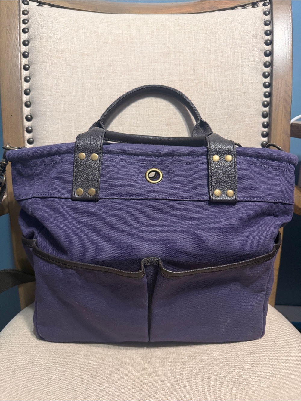Levenger Purple Canvas Tote with Black Leather Trim